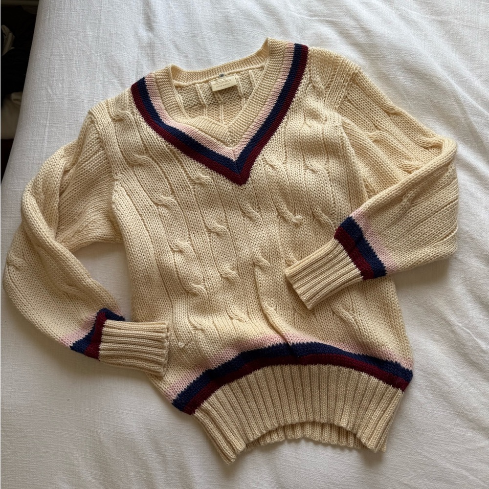 Cream and Blue Cardigan with Cable Knit Design
